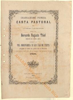 Cuadragésima primera carta pastoral de Bernardo Augusto Thiel, II obispo de San José, al inicio de la Cuaresma de 1898